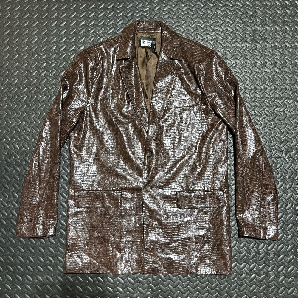 Reclaimed Vintage Faux Leather Blazer Jacket Crocodile Print Brown Womenโs 36โ